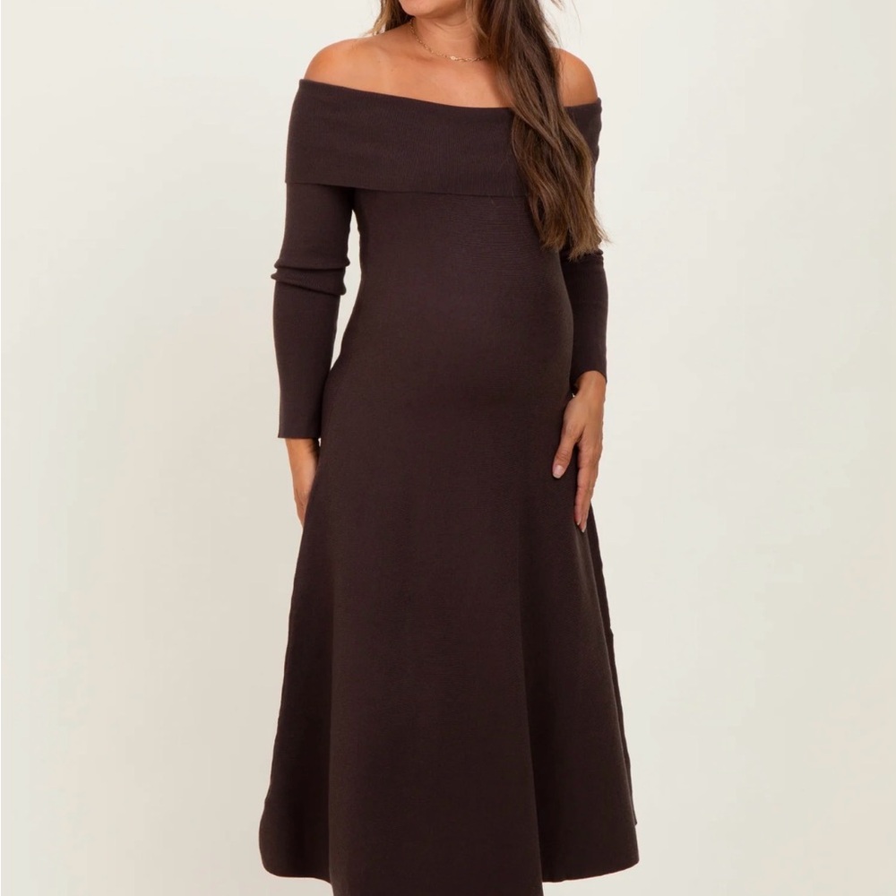 Brown Off Shoulder Maternity Sweater Midi Dress